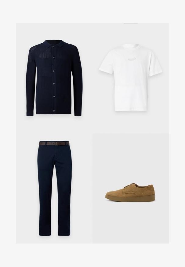 Marineblauwe cardigan met knopen aan de voorkant, kraag en verschillende textuurpatronen. Heeft lange mouwen en een casual pasvorm. Gemaakt van een zacht breimateriaal.; Witte katoenen T-shirt met korte mouwen, ronde hals en een eenvoudig gedrukt logo op de voorkant. Glad textuur en standaard pasvorm.; Marineblauwe trousers met een rechte pasvorm, gemaakt van katoen. Bevat een bruine leren riem en heeft een eenvoudig ontwerp zonder patronen of accenten.; Bruine suède veterschoen voor vrijetijdskleding met een platte rubberen zool, zijaanzicht tegen een eenvoudige lichte achtergrond.