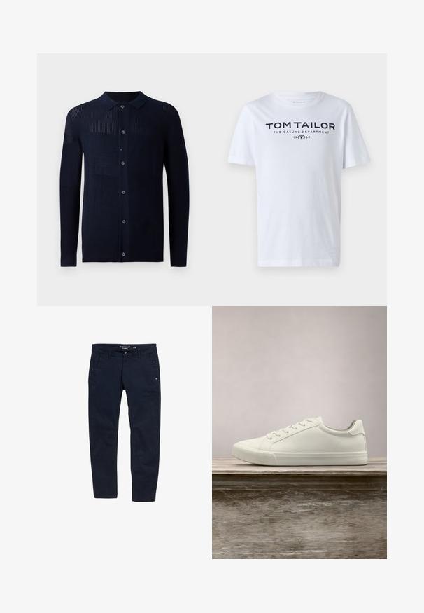 Marineblauwe cardigan met knopen aan de voorkant, kraag en verschillende textuurpatronen. Heeft lange mouwen en een casual pasvorm. Gemaakt van een zacht breimateriaal.; Witte katoenen t-shirt met een ronde hals, korte mouwen en marineblauwe tekst "TOM TAILOR THE CASUAL DEPARTMENT 1962."; Navyblauwe broek van katoen met een rechte pasvorm. Voorzien van twee zijzakken en een knoopsluiting. Minimalistisch ontwerp met subtiele accenten.; Witte vetersneaker die boven een houten bank zweeft met groene bladeren op de achtergrond, waarbij het ontwerp en de textuur van de schoen worden getoond.