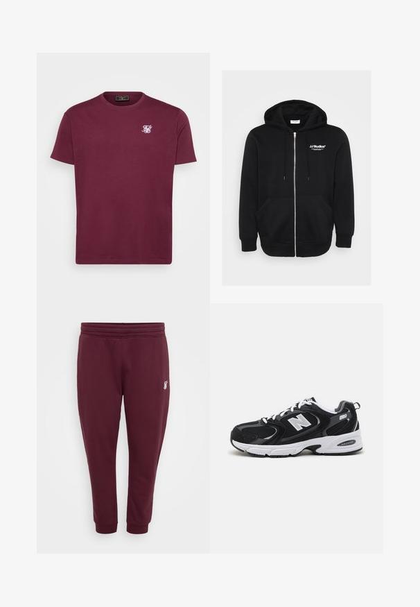Schwarze Zip-Hoodie aus Baumwollmischung, mit einer vorderen Kängurutasche, Kordelzugkapuze und weißem Logo auf der Brust.; Bordeaux Baumwoll-T-Shirt mit runder Halslinie, kurzen Ärmeln und einem kleinen weißen Logo auf der linken Brust. Glatte Textur und klassischer Schnitt.; Burgunderfarbene Sweatpants aus weichem Stoff, mit einem elastischen Bund, Bündchen an den Knöcheln und einem kleinen gestickten Logo am linken Oberschenkel.; Schwarze und graue Sportschuhe mit Obermaterial aus Mesh und Wildleder, ausgestattet mit einer weißen Zwischensohle, Schnürsenkeln und einem markanten "N"-Logo an der Seite.