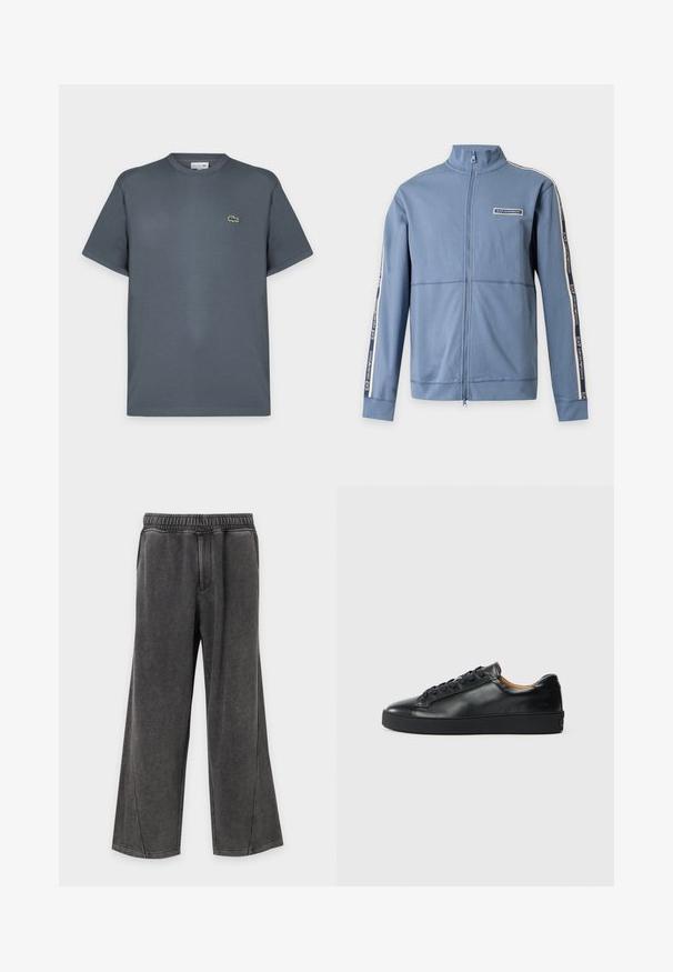 Veste bleue zippée avec col montant, manches longues avec bande logo EA7 Emporio Armani le long des bras et un petit écusson logo sur la poitrine.; T-shirt gris foncé à manches courtes et col rond avec un petit logo crocodile vert sur la poitrine gauche, présenté sur un fond clair uni.; Pantalon gris foncé à jambes larges avec ceinture élastique et deux poches latérales, fabriqué en tissu doux et confortable.; Baskets en cuir noir avec une texture lisse, bout rond et fermeture à lacets. Comprend une semelle en caoutchouc épaisse et un minimum de détails de marque.