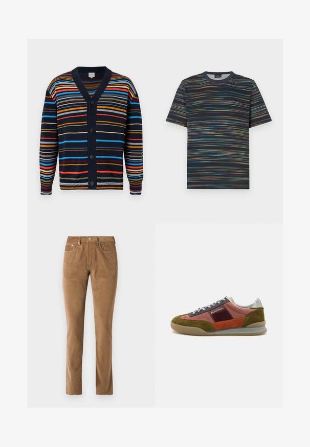 Marineblauwe cardigan met meerkleurige horizontale strepen, V-hals, lange mouwen en zwarte knopen aan de voorkant.; Katoenen T-shirt met korte mouwen, voorzien van een marineblauwe basis met meerkleurige horizontale strepen en een ronde hals.; Bruine corduroy broek met een slim fit, voorzien van vijf zakken, een knoopsluiting en gestikte details langs de naden.; PS Paul Smith DOVER - Sneakers laag - pink
