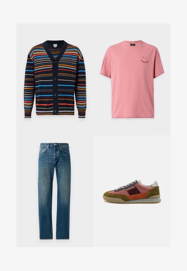 Marineblå cardigan med flerfarvede vandrette striber, V-hals, lange ærmer og sorte knapper foran.; Pink bomuld t-shirt med korte ærmer, rund halsudskæring og lille mørk tekst "Paul Smith" arrangeret som et smileyansigt på venstre bryst.; Blå denim jeans med lige ben, der har en fem-lomme stil, subtil falming og kontrastsyet detaljer.; PS Paul Smith DOVER - Sneakers - pink
