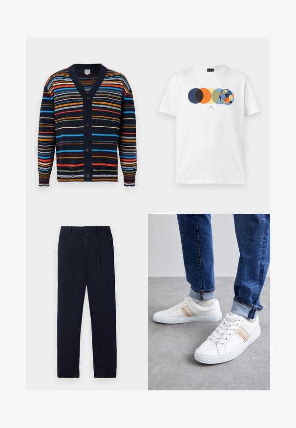 Marineblå cardigan med flerfarvede vandrette striber, V-hals, lange ærmer og sorte knapper foran.; Hvid t-shirt med korte ærmer med grafik af fem overlappende farvede cirkler, hvor den sidste ligner en multifarvet fodbold, og lille tekst nedenunder.; Marineblå bukser lavet af letvægtsstof med flad front, to folder og en standard knaplukning i taljen.; Hvide lædersneakers med multicolore striber, snørebåndsdesign, gummisål og polstret krave, parret med blå denimjeans.