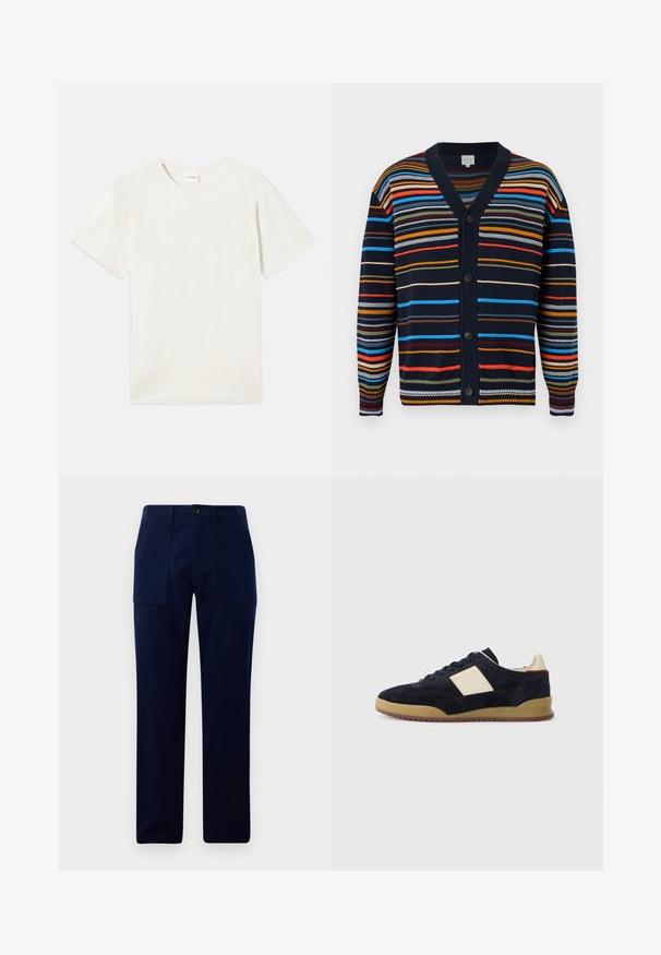 Marineblå cardigan med flerfarvede vandrette striber, V-hals, lange ærmer og sorte knapper foran.; Korte ærmer, crew neck t-shirt i lys beige, blødt bomuldsstof med en afslappet pasform og uden synlige mønstre eller accenter.; Mørkeblå lige bukser med store forlommer og en knaplukning ved taljen.; Mørkeblå ruskinds-sneakers med cremefarvet sidepanel, gummisål og mørke snørebånd, med PS Paul Smith branding på siden og hælen.
