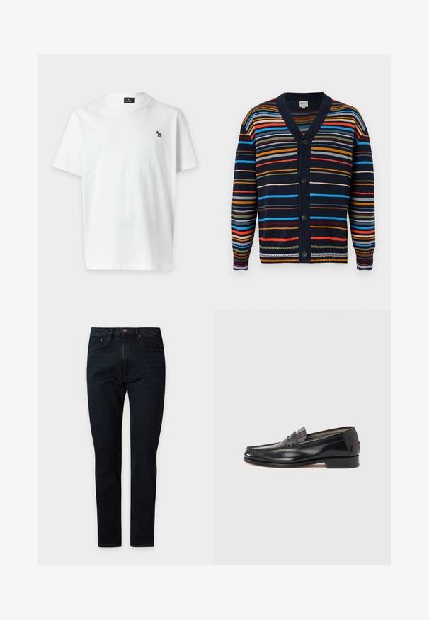 Cardigan bleu marine avec des rayures horizontales multicolores, col en V, manches longues et boutons noirs sur le devant.; T-shirt blanc uni à manches courtes avec un petit logo zèbre multicolore sur le côté gauche de la poitrine et un col rond.; Jean noir slim fit avec bouton et fermeture éclair à l'avant, style cinq poches, présenté à plat sur un fond clair.; Mocassins en cuir noir avec un design de style mocassin, présentant une bande décorative et un détail de couture sur le dessus. Talon bloc bas.