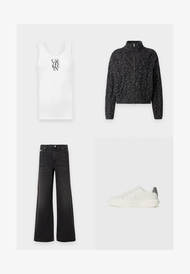 CLOSED TROYER ZIP CARDIGAN - Cardigan - dark grey melange; Hvid tanktop med rund udskæring, lavet af bomuld. Har vertikal sort tekst "CALVINKLEIN" i en fed serif skrifttype.; Sorte denim-jeans med vidde ben, lukkes foran med knap og lynlås, bæltestropper og fem-lomme-design.; Hvide sneakers lavet af læder med en glat tekstur, forsynet med en sølvaccent på hælen, flad sål og minimalistisk design.