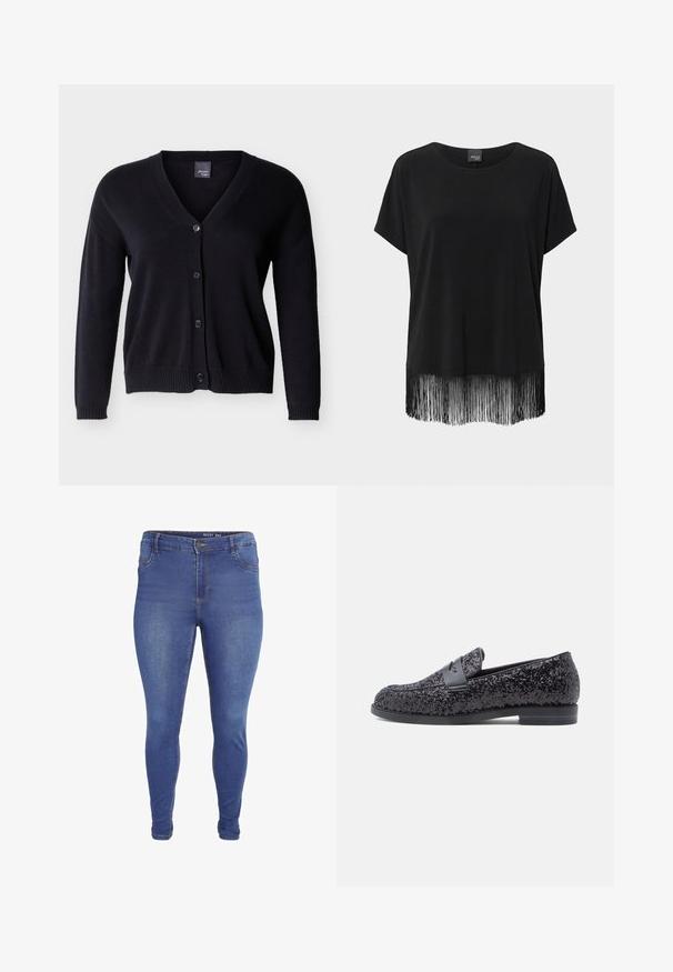 Sort V-hals knapcardigan med lange ærmer og ribstrikkede manchetter og kant, vist på en ensfarvet lys baggrund.; Sort kortærmet top med rund halsudskæring og lange frynser langs kanten mod en ensfarvet baggrund.; Blå skinny jeans med forlommer, bæltestropper, knaplukning og let falmet effekt på lår og knæ.; Sorte loafers med en tekstureret pailletoverdel og en glat læderrem. Rund tå og lav hæl. Simpelt, strømlinet design.
