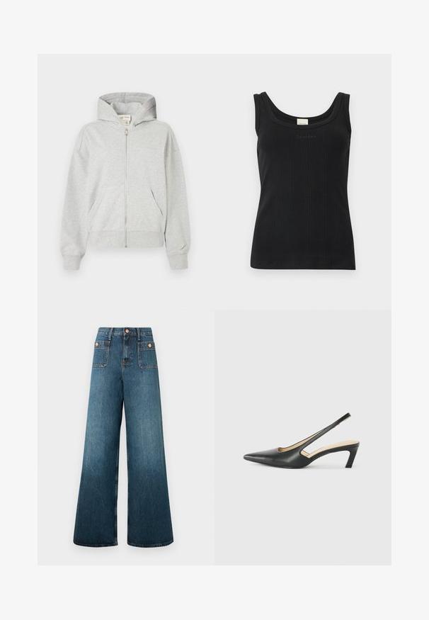 Grå zip-hoodie med hætte, lange ærmer og frontlommer. Lavet af blødt stof med ribbet manchetter og kant. Enkel design, uden mønstre.; Sort ribbet ærmeløs tanktop med rund halsudskæring og "Calvin Klein"-logo på brystet, vist på en ensfarvet hvid baggrund.; Højtaljede, vidde ben, blå denimjeans med forlommer med lap og knaplukninger på en hvid baggrund.; Sorte spidse slingback-sko med en lav hæl, lavet af glat læder og med udskæringer på siden for åndbarhed.