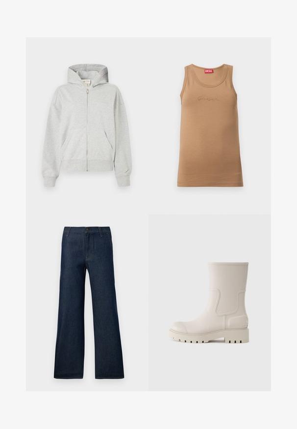 Grauer Reißverschluss-Hoodie mit Kapuze, langen Ärmeln und Fronttaschen. Aus weichem Stoff mit gerippten Bündchen und Saum. Einfaches Design, ohne Muster.; Beige ärmelloses Tanktop mit Rundhalsausschnitt, mit kleinem, gepunktetem "diesel"-Logo auf der Brust und rotem Diesel-Tag im inneren Kragen.; Dunkelblaue weit geschnittene Jeans aus Denim mit einem klassischen Fünf-Taschen-Design, Knopfverschluss und dezenten Steppnähten.; Weißer Gummi-Stiefelette mit runder Zehenpartie, strukturiertem Profil, dezenten Seitenverzierungen und Logo an der Ferse. Stilvolles und funktionales Design.