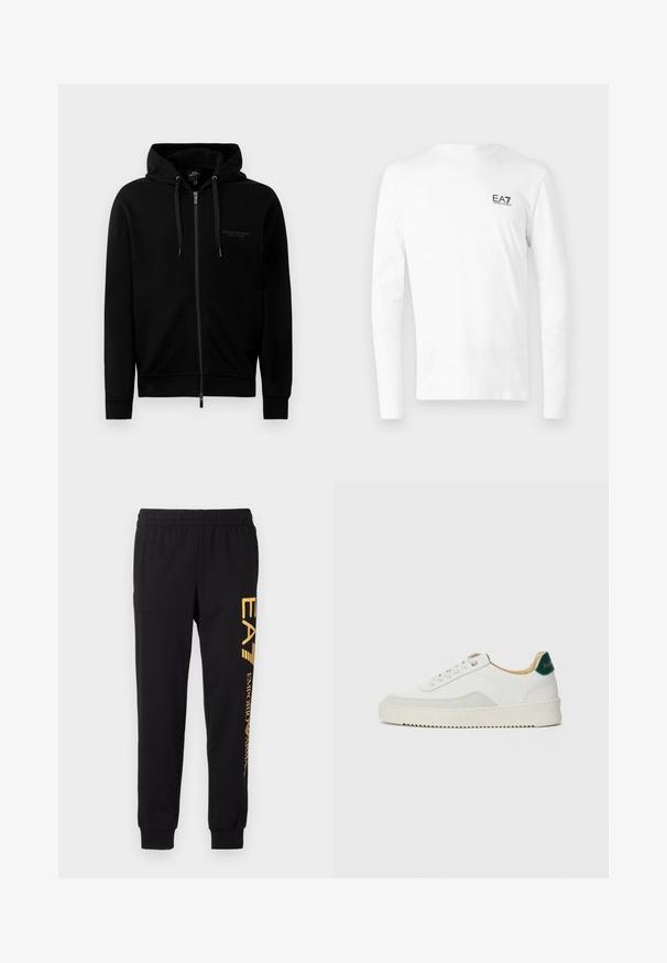 Zwarte zip-up hoodie gemaakt van een katoenmix. Heeft een capuchon, trekkoorden en een klein logo op de linkerborst. Soepele textuur, ribbelboorden.; Witte T-shirt met lange mouwen van katoen, voorzien van een klein zwart EA7-logo op de linkerborst. Eenvoudig ontwerp met een ronde hals.; Zwarte trainingsbroek van zacht materiaal, met een elastische tailleband en cuffed enkels. Gele branding die verticaal op het linkerpijp is gedrukt.; Witte sneaker met suède accenten, ronde neus, platte veters en een crème rubberen zool. Bevat groene branding op de hiel.