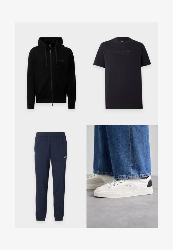 Sudadera negra con cremallera hecha de una mezcla de algodón. Presenta una capucha, cordones y un pequeño logo en el lado izquierdo del pecho. Textura suave, puños acanalados.; Camiseta de algodón negra de manga corta, con cuello redondo y un ajuste ligeramente relajado. Presenta "ARMANI EXCHANGE MILANO / NEW YORK" en texto gris oscuro.; Pantalones de chándal azul marino con cinturilla y puños elásticos. Presentan un pequeño logo blanco en la pierna izquierda. Fabricados con un material suave y elástico.; Zapatillas blancas y negras con una parte superior de cuero suave, acentos texturizados y una suela blanca gruesa. Presenta un diseño clásico de cordones.