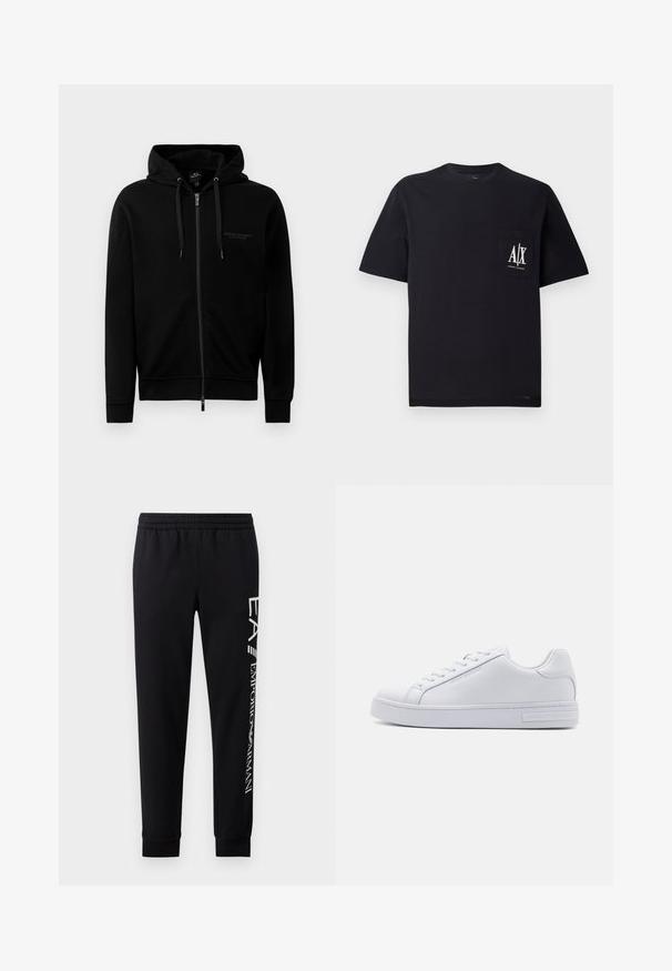 Schwarze Kapuzenjacke aus Baumwollmischung. Verfügt über eine Kapuze, Kordeln und ein kleines Logo auf der linken Brust. Glatte Textur, gerippte Bündchen.; Schwarzes Baumwoll-T-Shirt mit Rundhalsausschnitt und kurzen Ärmeln. Besitzt eine Brusttasche mit weißem "A/X"-Logo. Glatte Textur, lockere Passform.; Schwarze Sweatpants aus Baumwollmischung mit elastischem Taillenbund, schmal zulaufenden Beinen, gerippten Bündchen und weißem Logo-Druck entlang der Seite.; Weiße Ledersneaker mit glatter Textur, runder Zehenform, Schnürung vorne und flacher Gummisohle. Mit eingeprägtem Branding an der Ferse.
