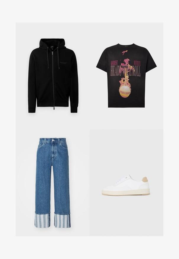 Zwarte zip-up hoodie gemaakt van een katoenmix. Heeft een capuchon, trekkoorden en een klein logo op de linkerborst. Soepele textuur, ribbelboorden.; Zwart T-shirt met grafiek van een brandende bol en kruis en roze tekst "KSUBI EST MCMXCIX HEADS WILL ROLL" aan de voorkant.; Brede denimbroek in medium blauw, met een zoom met blauw-witte verticale strepen. Klassiek vijf-pocket ontwerp met een knoopsluiting.; Witte lage sneakers van textuurleer met een romige, ribbelige zool en een tankleurige hakaccent. Voorzien van witte veters en logodetail op de hak.