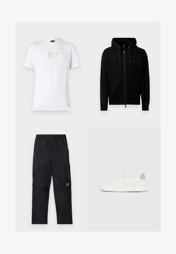 Sudadera negra con cremallera hecha de una mezcla de algodón. Presenta una capucha, cordones y un pequeño logo en el lado izquierdo del pecho. Textura suave, puños acanalados.; Camiseta blanca de algodón con escote redondo y mangas cortas, con un logo dorado de EA7 Emporio Armani impreso en el frente.; Pantalones cargo negros con cintura elástica, bolsillos laterales y un pequeño logo en la pierna izquierda. Fabricados con tejido ligero y suave.; Zapatilla blanca de corte bajo con pestaña en el talón gris, cordones blancos y suela texturizada, presentada sobre un fondo claro y liso.