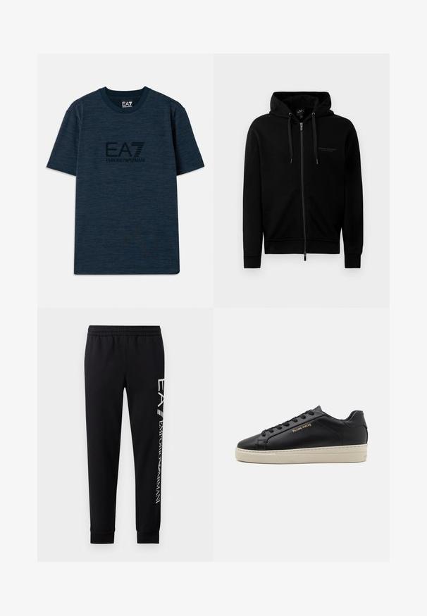 Sort zip-up hættetrøje lavet af en blanding af bomuld. Har en hætte, snore og et lille logo på venstre bryst. Glat tekstur, ribbede manchetter.; Mørkeblå bomulds-T-shirt med korte ærmer, der har en tekstureret overflade og et centralt EA7 Emporio Armani-logo i sort.; Sorte sweatpants lavet af en bomuldsblanding, med elastisk talje, smalle ben, ribbede manchetter og hvidt logo print langs siden.; Sorte lædersneakers med en glat finish, kontrasterende cremefarvet sål, rund tå, guld logo på siden og seks huller til snørebånd.