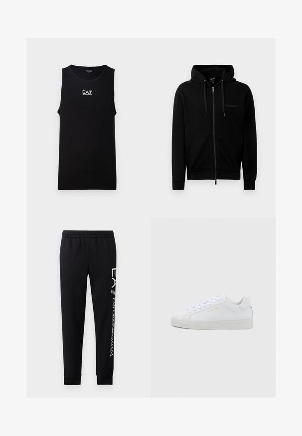Schwarze Kapuzenjacke aus Baumwollmischung. Verfügt über eine Kapuze, Kordeln und ein kleines Logo auf der linken Brust. Glatte Textur, gerippte Bündchen.; Schwarzes ärmelloses Tanktop mit rundem Halsausschnitt. Besitzt ein weißes EA7 Emporio Armani-Logo auf der Brust. Hergestellt aus glattem Stoff.; Schwarze Sweatpants aus Baumwollmischung mit elastischem Taillenbund, schmal zulaufenden Beinen, gerippten Bündchen und weißem Logo-Druck entlang der Seite.; Weiße Leder-Sneaker mit niedrigem Schnitt, runder Zehenpartie, flachen Schnürsenkeln, strukturierter Sohle und dezentem goldfarbenem Markenlogo an der Seite. Glatte Oberfläche und minimalistisches Design.