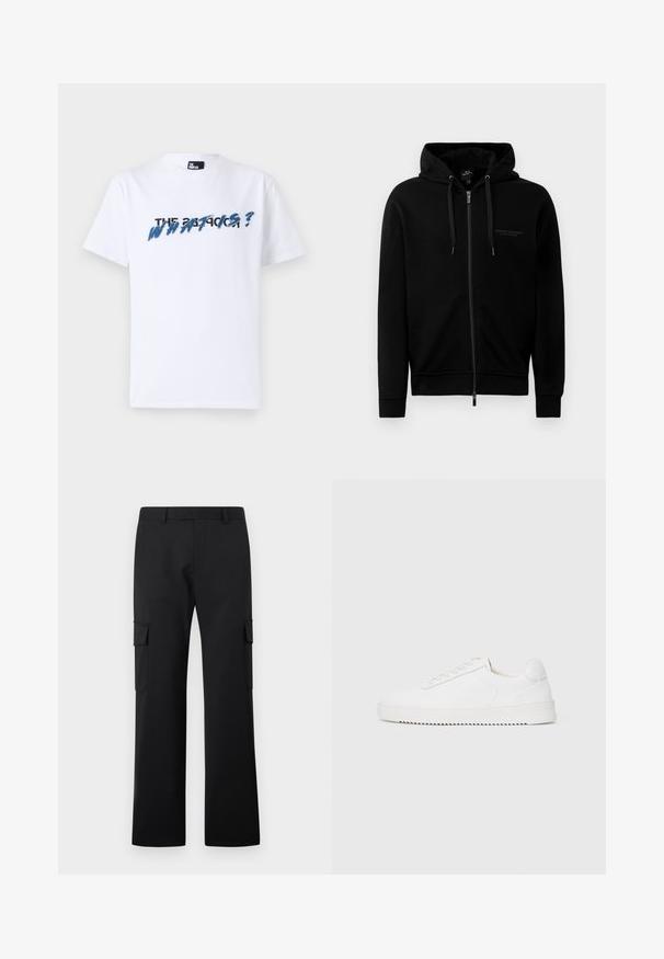 Schwarze Kapuzenjacke aus Baumwollmischung. Verfügt über eine Kapuze, Kordeln und ein kleines Logo auf der linken Brust. Glatte Textur, gerippte Bündchen.; Weißes Baumwoll-T-Shirt mit kurzen Ärmeln; zeigt grafischen Text in Blau und Schwarz mit der Aufschrift "DAS WAS IST?" über der Brust. Weicher Stoff.; Schwarze Cargo-Hose mit geradem Bein, seitlichen Klappentaschen und Gürtelschlaufen vor weißem Hintergrund.; Weißer Sneaker mit einem Obermaterial aus glattem Leder, abgerundetem Zehenbereich, Schnürsenkeln, strukturierten seitlichen Akzenten und einer dicken Gummisohle. Minimalistisches Design.