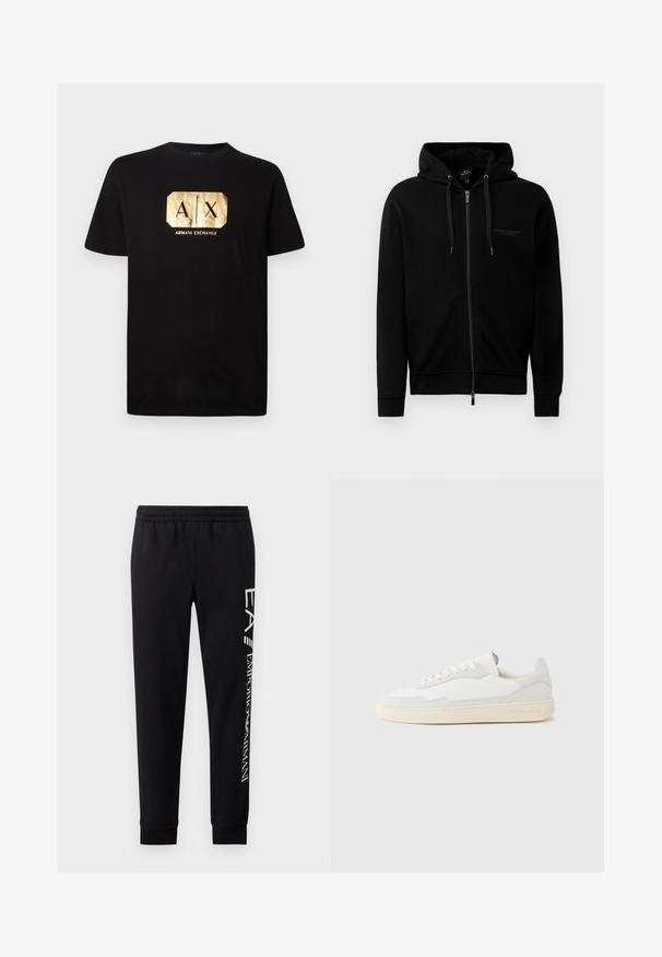 Schwarze Kapuzenjacke aus Baumwollmischung. Verfügt über eine Kapuze, Kordeln und ein kleines Logo auf der linken Brust. Glatte Textur, gerippte Bündchen.; Schwarzes Baumwoll-T-Shirt mit einem goldenen rechteckigen Logo, auf dem "A|X" und der Text "ARMANI EXCHANGE" darunter steht. Klassischer Schnitt mit kurzen Ärmeln.; Schwarze Sweatpants aus Baumwollmischung mit elastischem Taillenbund, schmal zulaufenden Beinen, gerippten Bündchen und weißem Logo-Druck entlang der Seite.; Weißer Sneaker mit strukturiertem Obermaterial aus Wildleder und Leder. Verfügt über eine runde Zehenpartie, Schnürverschluss und eine kontrastierende beige Gummisohle.