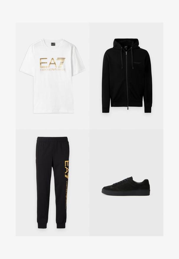 Sort zip-up hættetrøje lavet af en blanding af bomuld. Har en hætte, snore og et lille logo på venstre bryst. Glat tekstur, ribbede manchetter.; Hvid bomulds t-shirt med et stort guldmetallic "EA7" logo og teksten "EMPORIO ARMANI" nedenunder, med korte ærmer og rund hals.; Sorte sweatpants lavet af blødt stof, med elastisk talje og afsluttede ankler. Gul branding trykt lodret på venstre ben.; Sort semsket sneakers med en flad, tekstureret sål, rund tå, seks snørrehuller og et minimalistisk design.