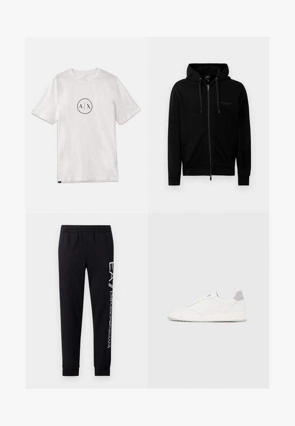 Haut à zip noir fabriqué en mélange de coton. Comprend une capuche, des cordons de serrage et un petit logo sur la poitrine gauche. Texture lisse, poignets côtelés.; T-shirt blanc en coton à manches courtes, avec un logo circulaire noir portant "A/X" au centre, design classique à col rond.; Pantalons de survêtement noirs en mélange de coton, dotés d'une taille élastique, de jambes fuselées, de poignets côtelés et d'un imprimé logo blanc sur le côté.; Baskets basses blanches avec un onglet de talon gris, des lacets blancs et une semelle texturée, présentées sur un fond uni clair.