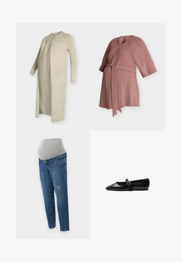 Beiger langer Cardigan aus weichem Strickstoff, mit offenem Vorderteil, zwei Fronttaschen sowie gerippten Bündchen und Saum.; Fliederfarbenes Umstandstop mit ellbogenlangen Ärmeln und einem Gürtel zur Taillierung, entworfen für Komfort und Stil während der Schwangerschaft.; Schwangerschaftsjeans aus mittelblauem Denim. Mit einem grauen elastischen Bund, fünf Taschen und leichten Abnutzungsdetails auf der Vorderseite.; Schwarze flache Schuhe aus Leder mit spitzem Fuß, verstellbarem Riemen mit einer Metallschnalle, glatter Textur und minimalistischem Design.