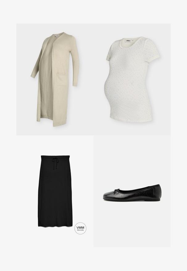 Cardigan long beige en tissu maille douce, avec ouverture avant, deux poches avant, poignets et ourlet côtelés.; ONLY MATERNITY OLMMADISON BABY TEE - T-shirt basique - cloud dancer aop:gry flower winter sky; Jupe midi noire avec ceinture élastique et cordon, conçue pour être portée au-dessus du ventre.; Ballerine en cuir noir brillant avec petit talon et petit nœud décoratif sur l'avant, vue de côté sur fond clair uni.