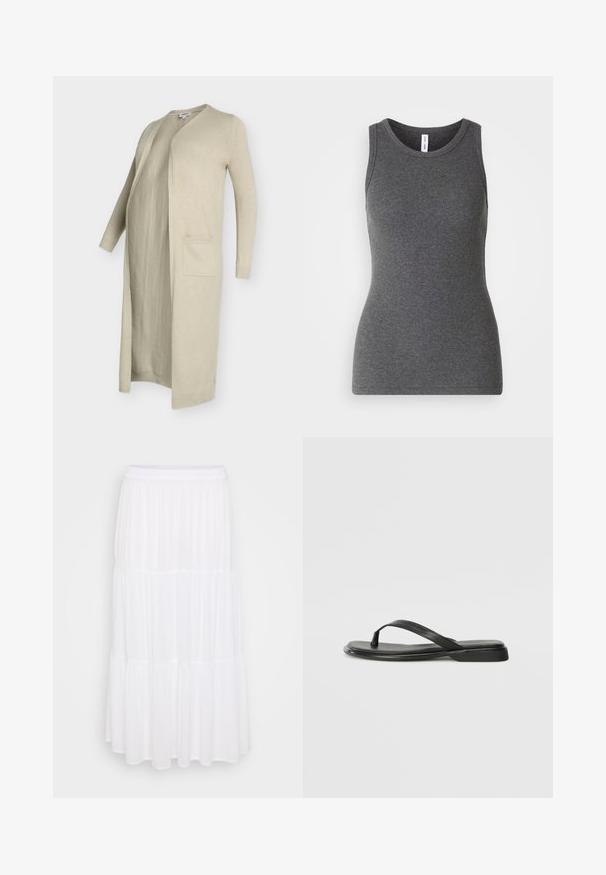 Beige lange cardigan van zachte gebreide stof, met een open voorkant, twee zakken aan de voorkant, en ribgebreide boorden en zoom.; Grijze mouwloze tanktop van ribmateriaal; heeft een ronde halslijn en een getailleerd ontwerp. Geen patronen of extra accenten.; Witte gelaagde maxi-rok van lichtgewicht stof, met een elastische tailleband en een vloeiende textuur met subtiele plooidetails.; Zwarte teenflip-flop van glad leer, met een dunne band en een platte zool met een minimalistisch profiel. Geen opvallende patronen of accenten.