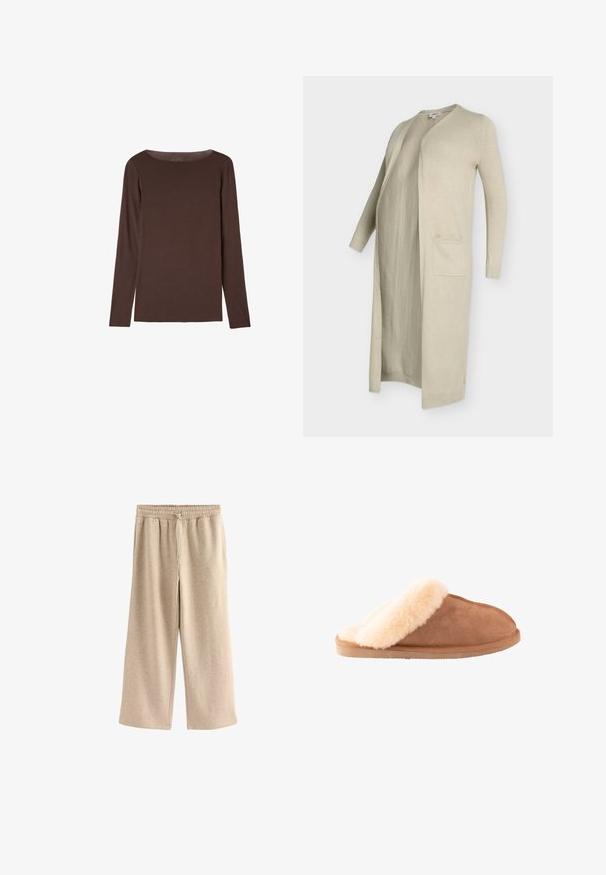 Beige lange cardigan van zachte gebreide stof, met een open voorkant, twee zakken aan de voorkant, en ribgebreide boorden en zoom.; Bruin shirt met lange mouwen en ronde hals, met een eenvoudig, getailleerd ontwerp zonder zichtbare patronen of logo's.; Crème-kleurige wijde broek gemaakt van een zachte katoenmix. Heeft een elastische tailleband met trekkoord en een subtiele gespikkelde textuur.; Bruine suède instappantoffel met dikke crèmekleurige fleece voering en zool, ontworpen voor comfort en warmte binnenshuis.