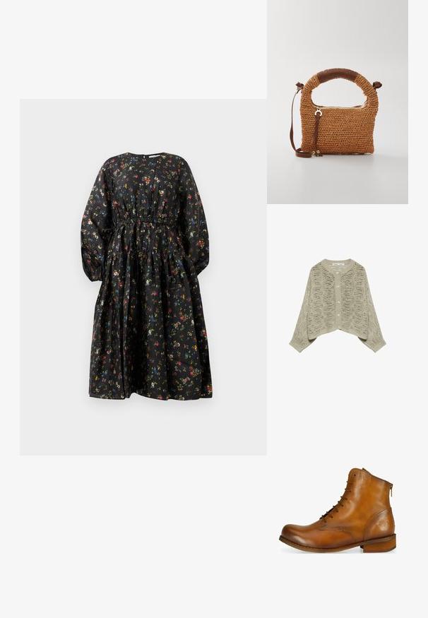 Lichtbeige gebreid vest met opengewerkt patroon, ronde hals, lange mouwen en knoopsluiting aan de voorkant.; Zwarte bloemenjurk met lange mouwen, ingezette taille en gelaagde rok. Heeft een kleurrijk bloemenpatroon en een gladde stoftextuur.; Bruine leren enkelboot met een ronde neus, vetersluiting aan de voorkant, een rits aan de zijkant en een lage houten hak. Heeft een subtiele geëtste logo op de hak.; Bruine gevlochten handtas met een ronde handgreep. Bevat een ritsluiting en een verstelbare strap, aangevuld met een leren accent op de handgreep.