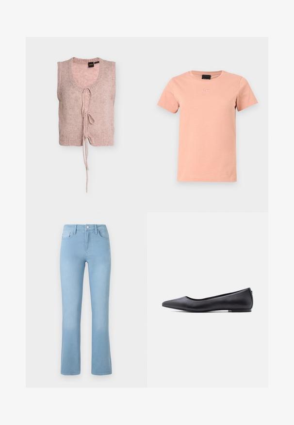 Veste sans manches en maille rose douce, col rond et deux fermetures à nouer à l'avant, ourlet côtelé et étiquette de la marque BOSS à l'intérieur du col.; T-shirt rose pâle à manches courtes avec col rond et petit logo brodé discret au centre de la poitrine, design uni, présenté sur un fond neutre.; Jeans évasés bleu clair en denim avec une taille haute, un design à cinq poches et une fermeture à bouton à l'avant. Texture lisse sur l'ensemble.; Chaussure plate en cuir noire à bout pointu avec petit talon, vue de profil sur fond blanc.