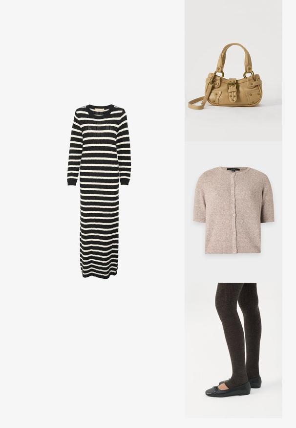 Kort beige cardigan med korte ærmer, ribbet kant og rund halsudskæring, lavet af blødt strikstof.; Stribet sort og hvid langærmet strikkjole med rund hals og ribbede manchetter. Har en lige silhuet og tekstureret stof.; Ben iført mørke ribbede leggings kombineret med sorte balletsko med små sløjfedetaljer på hvid baggrund.; Beige læderhåndtaske med dobbelte håndtag, messing spænde og nitte detaljer samt en justerbar skulderrem mod en hvid baggrund.