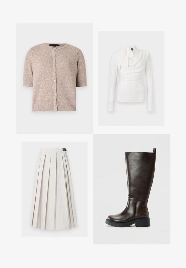 Cardigan beige court à boutons, manches courtes, ourlet côtelé et col rond, en tissu tricoté doux.; Blouse blanche cintrée à manches longues avec un col drapé et un nœud noué sur le côté gauche.; Longue jupe blanche plissée avec une fermeture latérale à boucle, présentée à plat sur un fond blanc.; Botte en cuir marron foncé, haute jusqu'au genou, avec bout arrondi, semelle épaisse noire, petit talon bloc et une languette au dos en haut.