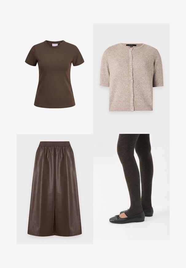 Korte beige cardigan met knopen, korte mouwen, geribde zoom en ronde hals, gemaakt van zachte gebreide stof.; Bruine nauwsluitende T-shirt met korte mouwen en ronde hals, afgebeeld op een witte achtergrond.; Bruine rok van imitatieleer met een elastische tailleband, een wijdere broekspijpvorm en een gladde, glanzende textuur. Geen patronen of versieringen.; Benen met donkere geribbelde leggings gecombineerd met zwarte ballerina's met kleine strikdetails op een witte achtergrond.