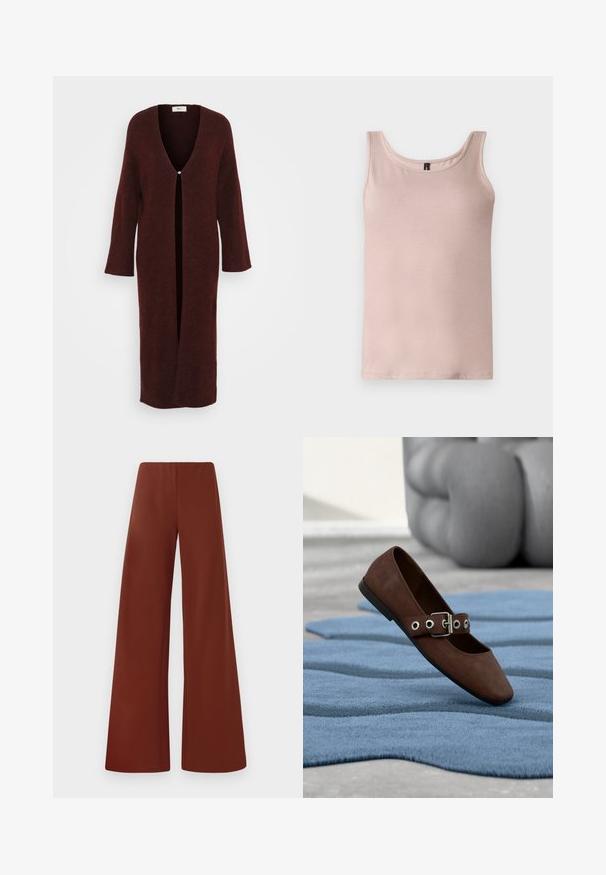 Lange, bordeauxrode cardigan van zachte stof, met een diepe V-hals, open voorkant met een enkele knoopsluiting en lange mouwen.; Lichtroze mouwloze tanktop met ronde hals, plat liggend weergegeven op een witte achtergrond.; Wijde broek van gladde stof in een rijke, diepe bruine kleur. Heeft een hoge taille en strakke lijnen zonder zichtbare sluitingen.; Bruine suède platte schoen met gespband, rustend op een blauw gestructureerd tapijt met grijskleurig getufte meubels op de achtergrond.