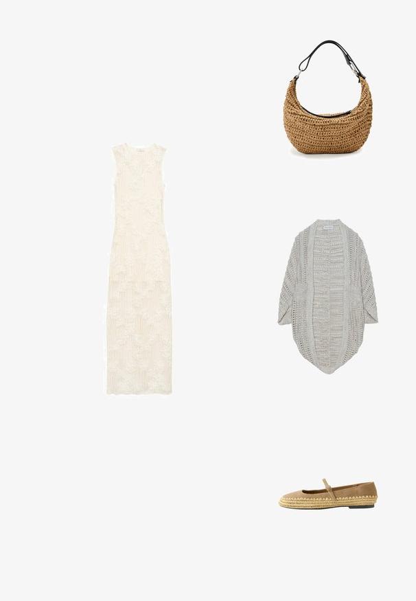Cardigan de punto beige con frente abierto, mangas holgadas y un patrón texturizado detallado. Confeccionado con hilo ligero, presenta un ajuste relajado.; Vestido largo, de color blanco cremoso, con textura acanalada y patrón de encaje floral. Diseño sin mangas, de longitud hasta el suelo, ajuste entallado y escote redondo.; Zapato plano Mary Jane de ante marrón claro con detalles de paja tejida alrededor de la suela y una pequeña correa ajustable en la parte superior.; Bolso de mano de paja trenzada en beige con una silueta curva, que presenta una correa de cuero negro y detalles metálicos plateados. Acabado texturizado.