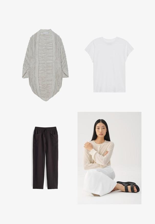 Beige gebreide cardigan met open voorkant, losse mouwen en een gedetailleerd textuurpatroon. Gemaakt van lichtgewicht garen en heeft een relaxte pasvorm.; Witte t-shirt met korte mouwen, ronde hals, relaxte pasvorm, gemaakt van zacht katoen. Glad textuur, geen patronen of logo's.; Zwarte, losse broek met een elastische tailleband en verstelbaar trekkoord; heeft twee voorke pockets en een gladde textuur.; Lichtbeige lange mouw blouse met knoopjes, gecombineerd met een witte rok; model draagt zwarte sandaaltjes met bandjes en zit met gekruiste armen.