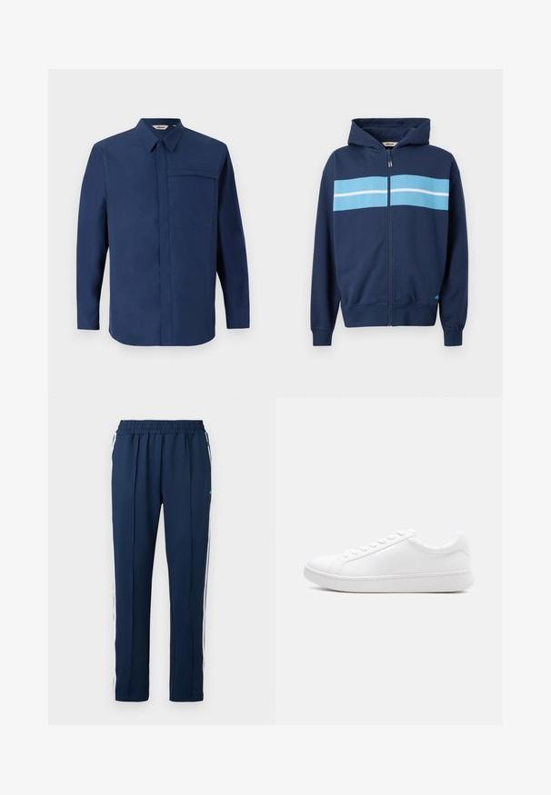 Sudadera con capucha de color marino con dos franjas horizontales de color azul claro en el pecho. Presenta una cremallera completa, puños y dobladillo de canalé.; Camisa de manga larga de color navy con cuello abotonado, un bolsillo en el pecho y una textura limpia y suave. Presenta un pequeño logotipo en el bolsillo.; Pantalones deportivos marinos con una cinturilla elástica, rayas laterales blancas y una textura suave. Presenta un pequeño logotipo azul cerca de la cintura.; Zapatilla blanca de cuero liso con cierre de cordones, diseño bajo y suela gruesa de caucho, vista lateral sobre un fondo liso.