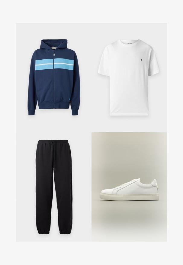 Sudadera con capucha de color marino con dos franjas horizontales de color azul claro en el pecho. Presenta una cremallera completa, puños y dobladillo de canalé.; Camiseta blanca de algodón con cuello redondo, mangas cortas y un pequeño logo negro en el pecho. Textura suave, corte casual.; Pantalones jogger negros hechos de una tela suave, con cintura elástica y cordón ajustable, y dobladillos en los tobillos.; Zapatilla blanca de perfil bajo con cordones en la parte delantera y suela gruesa, mostrada de lado sobre un fondo neutro.