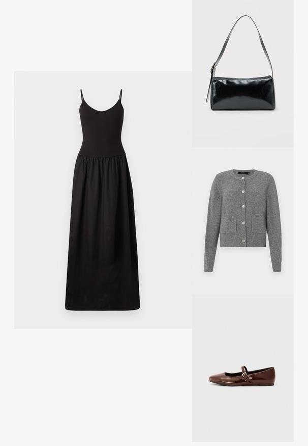 Grijze gebreide cardigan met lange mouwen, ronde halslijn, sluiting met vijf knopen, twee voorzakken en geribde zoom en manchetten.; Zwart maxi-jurk met dunne verstelbare bandjes, fitted corsage, geplooide taille en gladde stof, die tot op de vloer reikt met een eenvoudige silhouet.; Bruine gepatineerde leren balletschoen met een vierkante neus en een bandje met een kleine gouden gesp. Gladde textuur, lage hak en minimalistisch ontwerp.; Zwarte rechthoekige schoudertas met een enkele verstelbare band en een bovenste ritssluiting op een effen achtergrond.