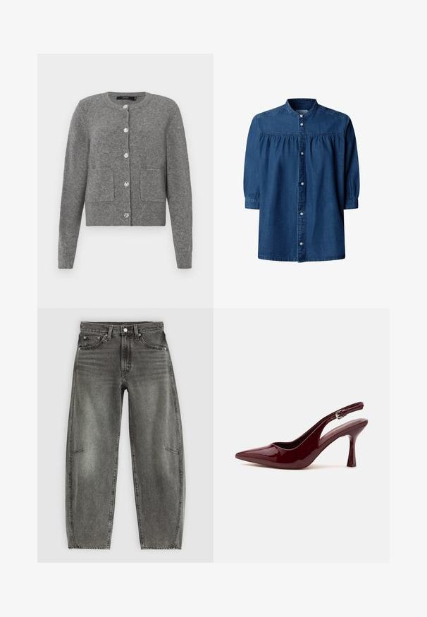 Cardigan gris en tricot avec des manches longues, un col rond, un fermoir à cinq boutons, deux poches avant et un ourlet et des poignets côtelés.; Blouse en denim bleu foncé avec manches longues, empiècement froncé, col mandarin et fermeture boutonnée devant.; Jeans en denim gris délavé taille haute avec cinq poches, fermeture à bouton et coupe droite relaxée.; Chaussure à talon haut slingback rouge foncé brillant à bout pointu, avec une fine bride réglable et un talon aiguille effilé sur fond blanc.
