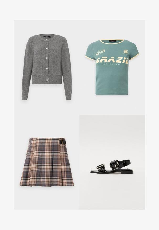 Grijze gebreide cardigan met lange mouwen, ronde halslijn, sluiting met vijf knopen, twee voorzakken en geribde zoom en manchetten.; Groen T-shirt met korte mouwen en crème afwerking, met de tekst "BRAZIL HERE TO PLAY" en kleine grafische logo's op de borst.; Geruite rok in grijs, beige en roestkleur; heeft plooien, een gespdetail en een gestructureerd ontwerp. Gemaakt van een geweven stof.; Zwarte gepatineerde leer sandalen hebben twee brede banden met zilveren oogjes en gespen, een platte zool en een enkelband ontwerp.