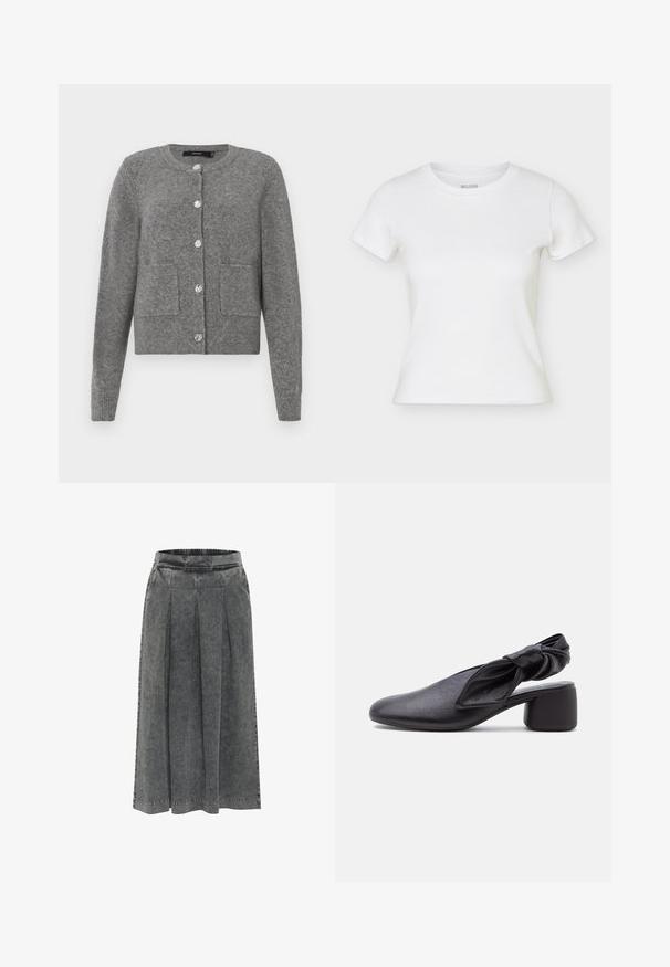 Grijze gebreide cardigan met lange mouwen, ronde halslijn, sluiting met vijf knopen, twee voorzakken en geribde zoom en manchetten.; Wit, aansluitend T-shirt met korte mouwen en ronde hals, plat uitgestald met licht zichtbare zijnaden.; Grijze spijkerrok met plooien, elastische tailleband, knielengte en een gestructureerd oppervlak. Eenvoudig ontwerp zonder zichtbare patronen of versieringen.; Zwarte leren slingback met een afgeronde neus, een geknoopt banddetail en een lage blokhak op een witte achtergrond.