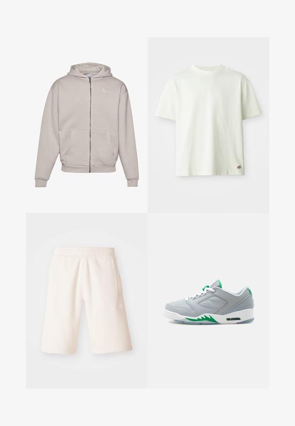 Helle graue Zip-Hoodie aus weichem Stoff, mit einer Fronttasche, gerippten Bündchen und einem kleinen weißen Logo auf der Brust.; Weißes Baumwoll-T-Shirt mit Rundhalsausschnitt, kurzen Ärmeln und lässiger Passform. Verfügt über ein kleines Logotag an der unteren Seite. Glatte Textur.; Cremfarbene Baumwollshorts mit einem elastischen Bund, seitlichen Taschen und einem dezenten Logo am linken Bein. Glatte Textur und knielanges Design.; Grauer Sneaker mit flachem Schaft, weißer Sohle, grünen Akzenten und perforierten Seitenpaneelen, von der linken Seite vor weißem Hintergrund gezeigt.
