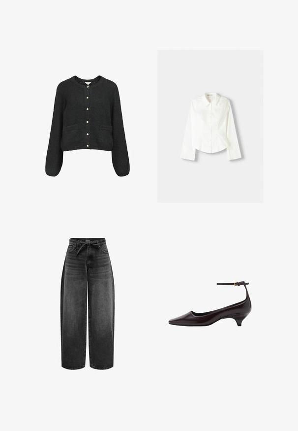 Sort cropped cardigan lavet af blødt, struktureret stof med lange ærmer, rund halsudskæring og guld farvet knaplukning samt to frontlommer.; Hvid langærmet skjorte lavet af bomuld. Har en spids krave, knaplukning foran og buet kant. Glat tekstur, minimalistisk design.; ONLY Straight fit ONLGIANNA Mid waist Balloon - Jeans Straight Leg - washed black; Mørkebrune spidse læder kitten heel sko med en tynd ankelrem og en lille guldbeslag.