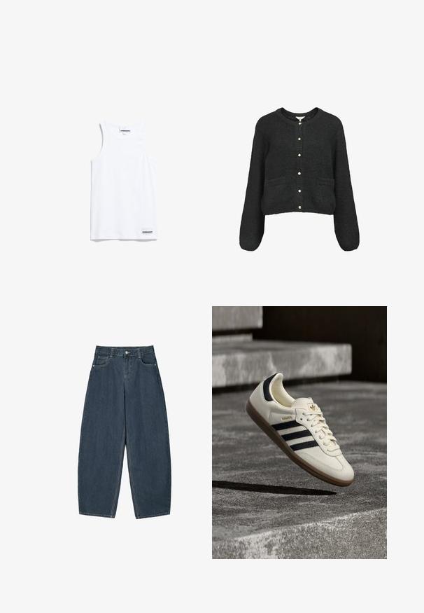 Zwarte cropped cardigan gemaakt van zachte, gestructureerde stof met lange mouwen, ronde halslijn en een goudkleurige knoopsluiting met twee voorzakken.; Witte tanktop gemaakt van katoen. Voorzien van brede schouderbanden en een ronde halslijn. Inclusief een klein merkje aan de onderkant links.; Donkerblauwe denim wijde broek met hoge taille, voorzien van vijf zakken en zichtbare stikseldetails. Schoon, minimaal ontwerp.; Witte Adidas Samba sneaker met zwarte strepen en gumzool, zwevend boven gestructureerde grijze betonnen treden.