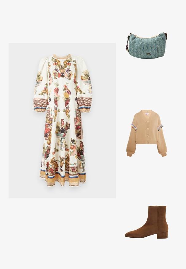 Beige cropped cardigan med dyb V-hals, ribbet kant og store frontknapper. Farverige pom-pom detaljer på ærmerne tilføjer dekoration.; Lang cremefarvet kjole med puffede ærmer, dekoreret med farverige frugt-, grøntsags- og hane-mønstre, samt brune mønstrede manchetter og kant.; Brune ruskind ankelstøvler med spids tå, lynlås i siden og lav blokhæl. Glat tekstur og strømlinet design.; Lille blå skuldertaske med mønster og en buet form med en farverig rem, med en lille metal logo foran.