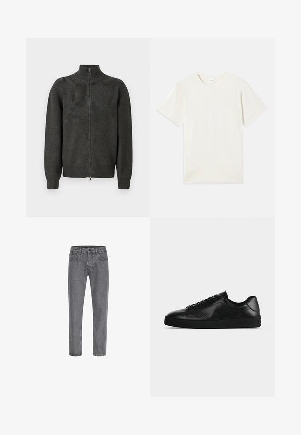 Mørkegrå ribbet strik-zip-sweater med høj krave og lange ærmer, præsenteret på en simpel hvid baggrund.; Korte ærmer, crew neck t-shirt i lys beige, blødt bomuldsstof med en afslappet pasform og uden synlige mønstre eller accenter.; Grå denim jeans med lige snit, fem-lomme design, klassisk knap- og lynlås-lukning, og subtil falmning på stofstrukturen.; Svært lavprofileret sort lædersneaker med snørebånd foran og tekstureret flad sål, vist fra siden på en neutral baggrund.