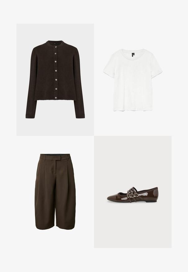 Brown knitted cardigan with a round neckline and long sleeves. Features six buttons in a contrasting light color down the front.; White short-sleeve t-shirt with a round neckline, made of lightweight fabric. Simple design, smooth texture, and straight hem.; Dark brown knee-length wide-leg shorts with belt loops, front pleats, and a concealed front closure.; Brown patent leather flat shoe with pointed toe and three adjustable buckle straps on side, shown from the outer profile.