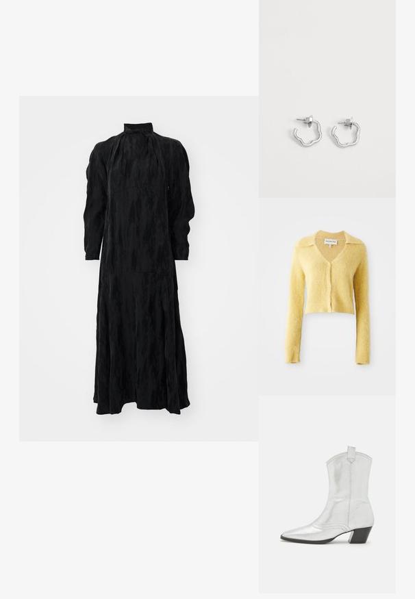 Cárdigan amarillo, recortado, hecho de tejido texturizado, con cuello en V, mangas largas y botones frontales. Apariencia suave y difusa similar a la lana.; Vestido negro de manga larga con cuello alto, que presenta una silueta fluida, tejido texturizado y costuras discretas para un aspecto sin costuras.; Castañer DIMBA - Botines camperos - plata; Par de pequeños pendientes de aro de plata con formas onduladas irregulares y cierre de presión sobre fondo blanco liso.