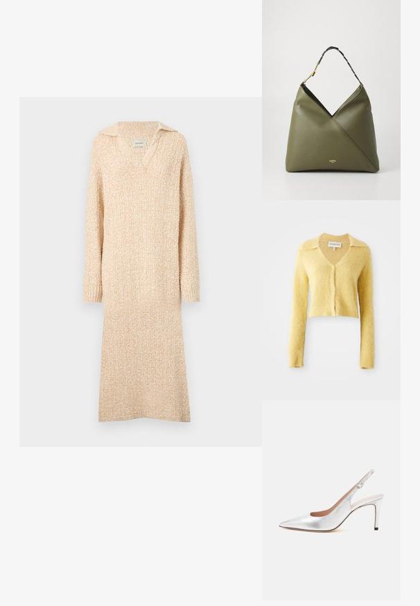 Gul, cropped cardigan lavet af tekstureret stof, med v-hals, lange ærmer og knapper foran. Blød, fuzzy uld-lignende udseende.; Strikket beige kjole med V-hals og krave, lange ærmer og ribbede manchetter. Blød tekstur med et let struktureret mønster gennemgående.; Sølv spids tå slingback stilet med spænde og slank mellemhøj hæl.; Olivengrøn, lædertaske med en snoet skulderrem og guldfarvet hardware. Har en skrå sømdesign og præget logo på forsiden.
